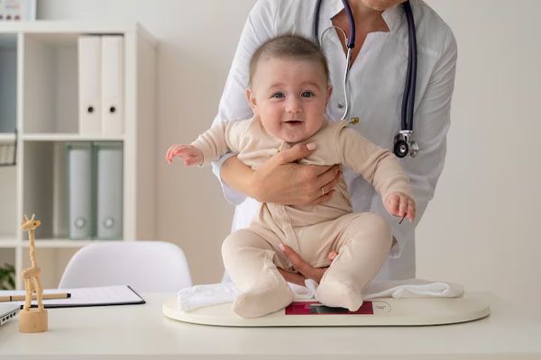 vista frontale del medico che tiene in braccio un grazioso bambino
