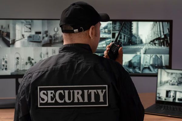 Ritratto di una guardia giurata con una stazione radio e schermi per telecamere