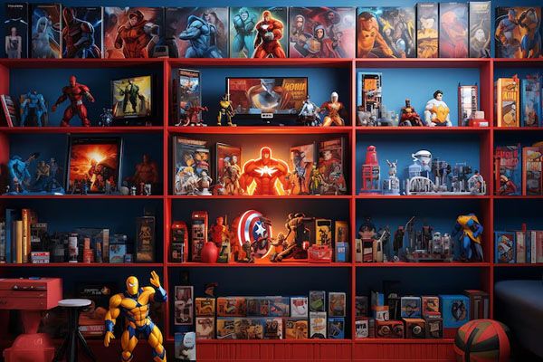 collezione di action figure per ragazzi nella sala giochi alla moda con sfondo decorativo