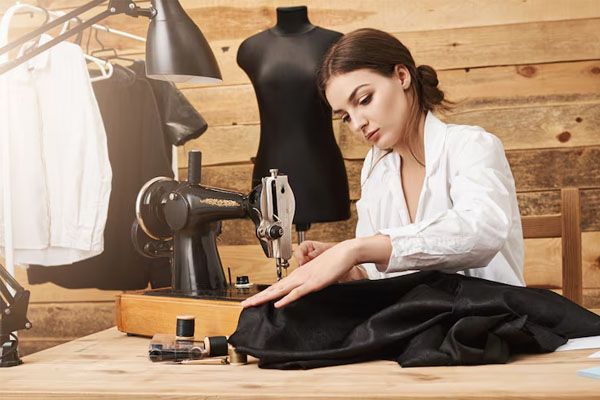donna alla macchina da cucire che lavora su un vestito