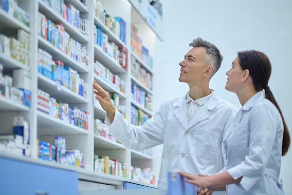 due farmacisti camici da laboratorio inventario processo farmacia