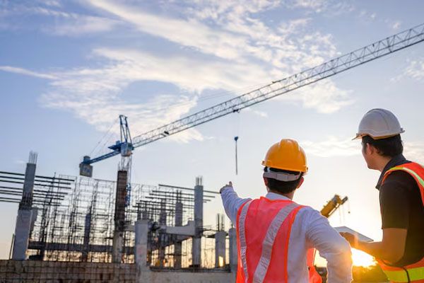 squadra di ingegneri in un cantiere edile che ispeziona il progetto