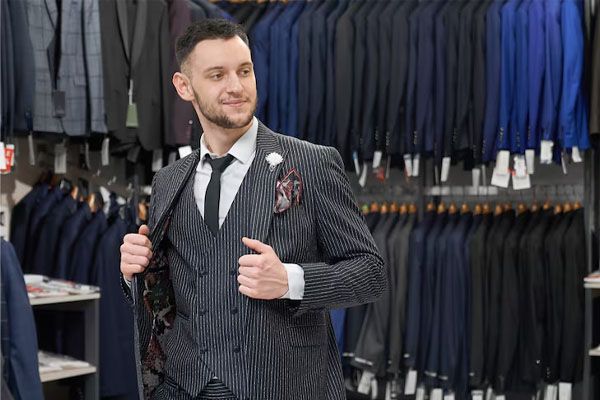 uomo che prova un abito grigio in una boutique