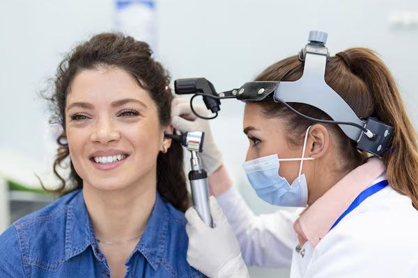 Donna con dolore al collo che parla con il suo medico in uno studio medico