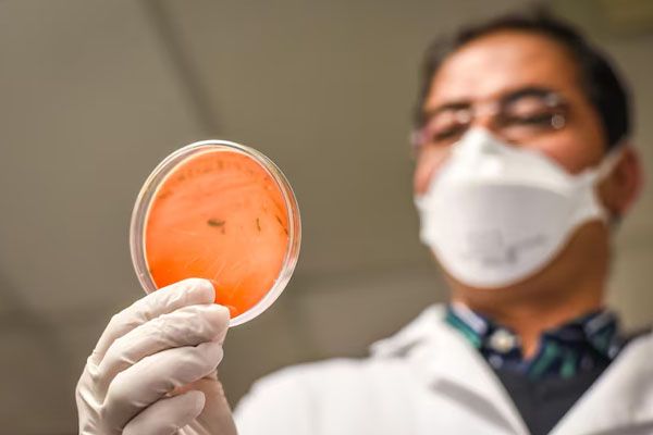 scienziato che esamina l'attrezzatura di laboratorio