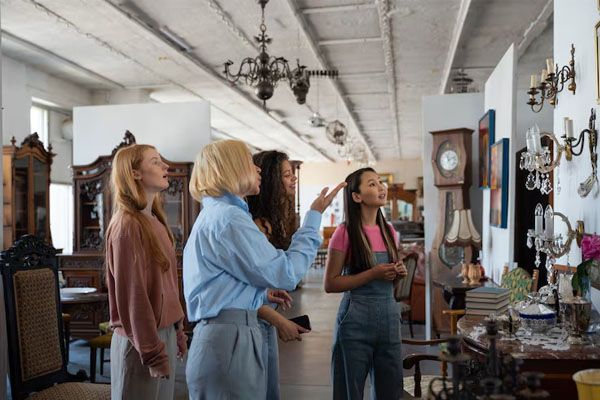 Una commessa espone oggetti d'antiquariato alla parete per le clienti.