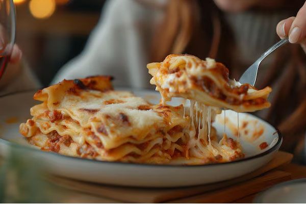 Primo piano di un piatto di lasagne e di una mano con una forchetta