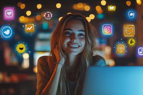 donna seduta seduta con un computer portatile circondato da icone galleggianti