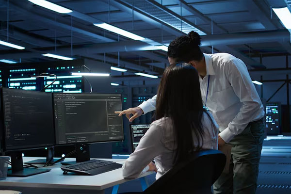 Due persone in un ufficio che lavorano su un PC