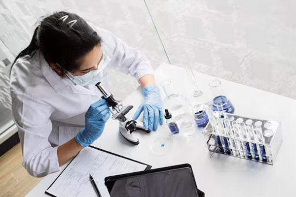 Una donna esamina i campioni al microscopio su una scrivania bianca