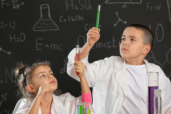 Ragazzi che fanno esperimenti di chimica usando tubi di saggio