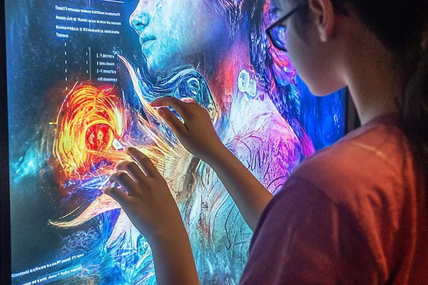 bambini che utilizzano schermi interattivi nella sala espositiva