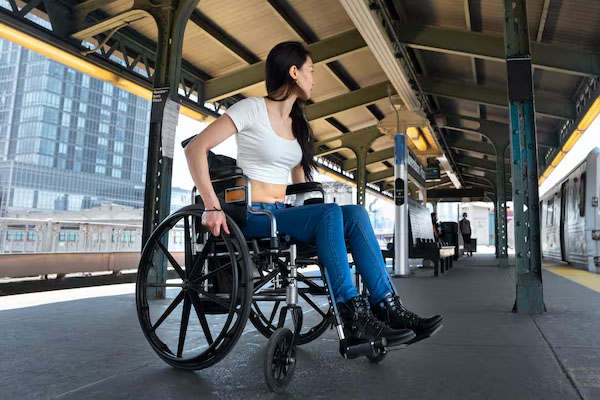 donna in sedia a rotelle alla stazione ferroviaria