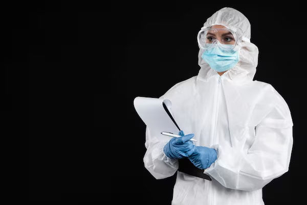 Donna in tuta protettiva speciale in laboratorio