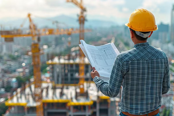 Uomo in piedi con le spalle alla telecamera che guarda un cantiere edile