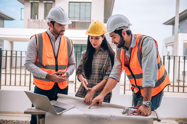 gruppo di persone in abiti da lavoro che guardano i progetti di costruzione