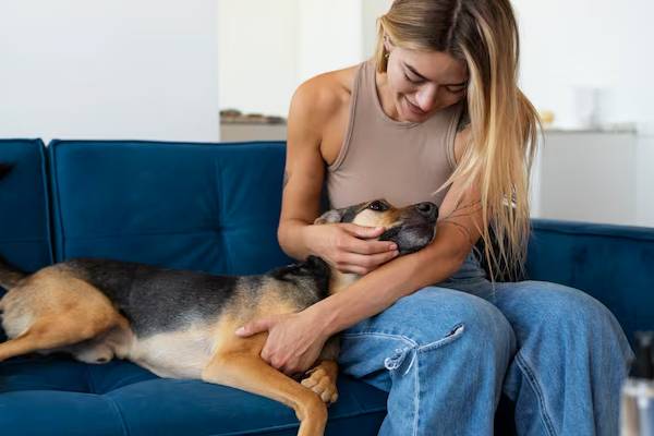 Una persona gioca con il proprio animale domestico a casa